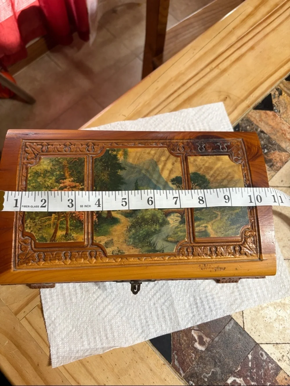 Vintage Hand-Carved Wooden Jewelry Box with Scenic Inlay - Brown & Green
